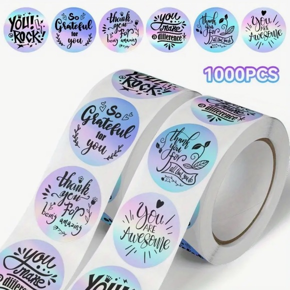 Holographic Inspirational 1000ct Stickers 2  Rolls Thank You - Picture 1 of 3